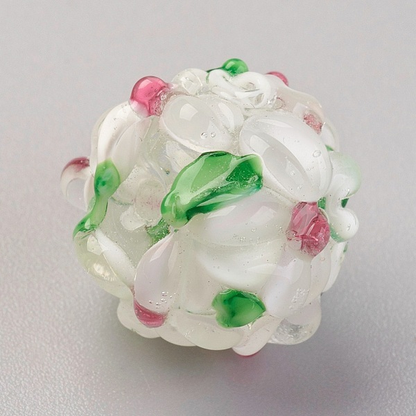 

PandaHall Handmade Lampwork Beads, Rondelle with Flower, Bumpy, WhiteSmoke, 14~15x12~13mm, Hole: 1.5~1.8mm Lampwork Rondelle White