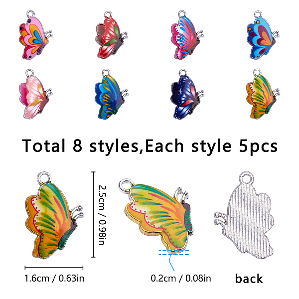 

PandaHall SUNNYCLUE Printed Alloy Enamel Pendants, Butterfly, Platinum, Mixed Color, 24.5x16x2mm, Hole: 2mm, 8color, 5pcs/color, 40pcs..., Multicolor