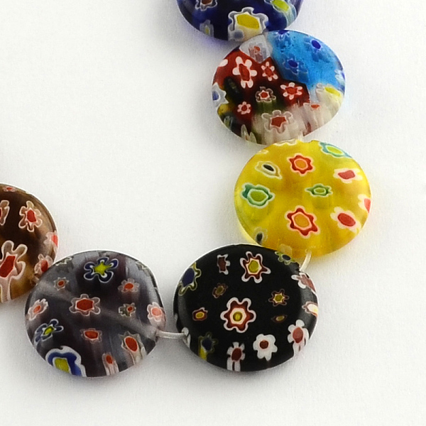 

PandaHall Flat Round Handmade Millefiori Glass Beads Strands, Mixed Color, 12x3.5mm, Hole: 0.5mm, about 32pcs/strand, 14.1 inch Millefiori..., Multicolor