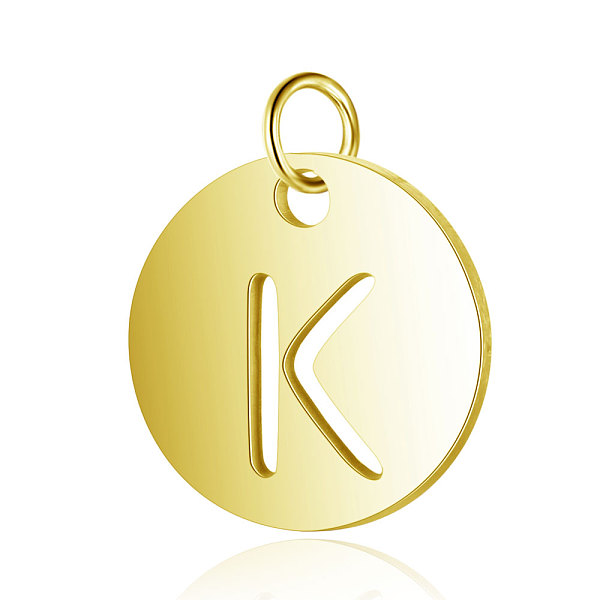 

PandaHall 304 Stainless Steel Charms, Flat Round with Letter, Golden, Letter.K, 12x1mm, Hole: 2.5mm 304 Stainless Steel Letter K