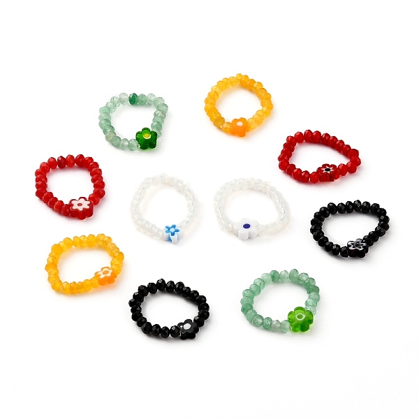 

PandaHall Dyed Natural Malaysia Jade Rondelle Beads Stretch Rings, with Glass Flower Beads, Faceted, Mixed Color, US Size 7 1/4~8(17.5~18mm)..., Multicolor