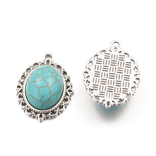 

PandaHall Synthetic Turquoise Pendants, Dyed, with Tibetan Style Alloy Findings, Oval, Antique Siver, Turquoise, 29x21x6.8mm, Hole: 1.5mm..., Green