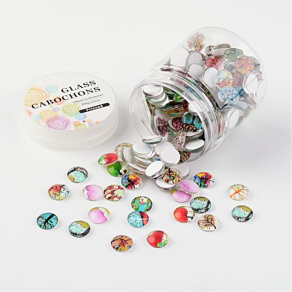 

PandaHall Glass Cabochons, Tree of Life Printed, Half Round/Dome, Mixed Color, 10x3.5~4mm, about 200pcs/box Glass Half Round Multicolor
