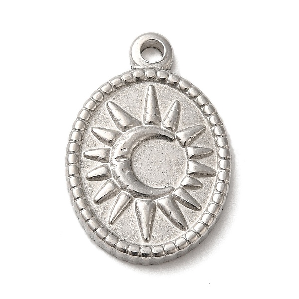 

PandaHall 304 Stainless Steel Pendants, Oval Charms with Sun, Stainless Steel Color, 22x15x2.5mm, Hole: 1.8mm 304 Stainless Steel Oval