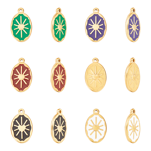 

PandaHall Unicraftale 12Pcs 6 Colors Enamel Pendants, with Golden Plated 304 Stainless Steel Findings, Oval with Sun, Mixed Color..., Multicolor