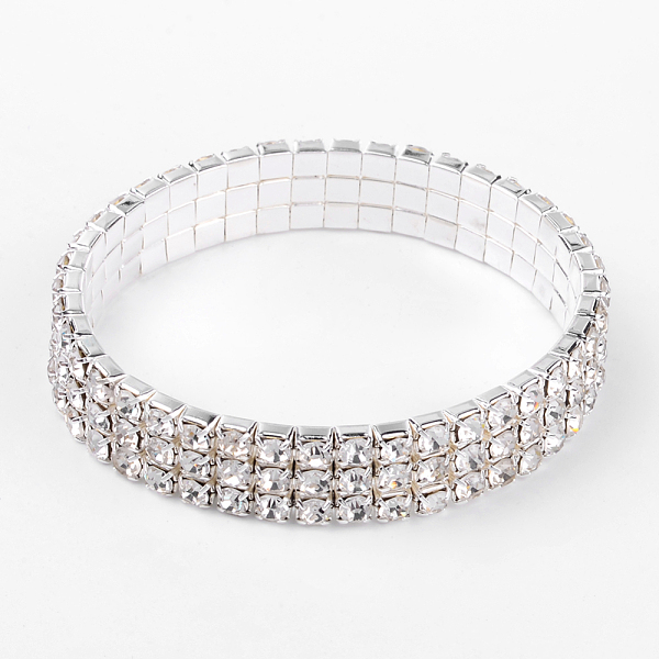 

PandaHall Valentines Ideas for Girlfriend Wedding Diamond Bracelets, 3 Row Stretch Rhinestone Bracelets, Brass, Silver Color Plated, about..., White