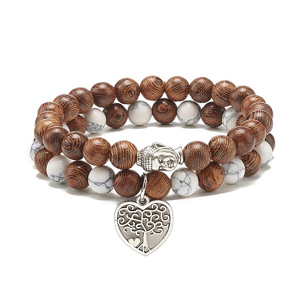 

PandaHall Wood & Synthetic Howlite Beaded Stretch Bracelet Sets, 3D Buddha Head & Heart Alloy Charm Stackable Bracelets for Women, Antique...