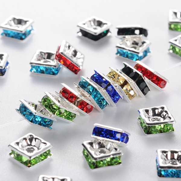 

PandaHall Brass Rhinestone Spacer Beads, Square, Nickel Free, Silver Color Plated, Mixed Color, about 7mm wide, 7mm long, 3mm thick, hole..., Multicolor