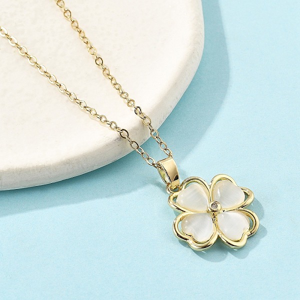 Colliers pendentifs en forme de trèfle en laiton et oxyde de zirconium en verre œil de chat pour femmes