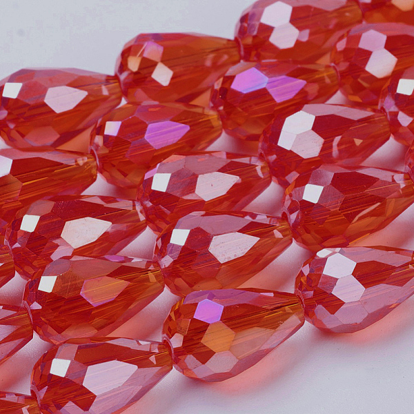 PandaHall Electroplate Glass Beads Strands, AB Color Plated, Faceted Teardrop, Red, 12x8mm, 58pcs/strand, 26.5 inch Glass Teardrop Red