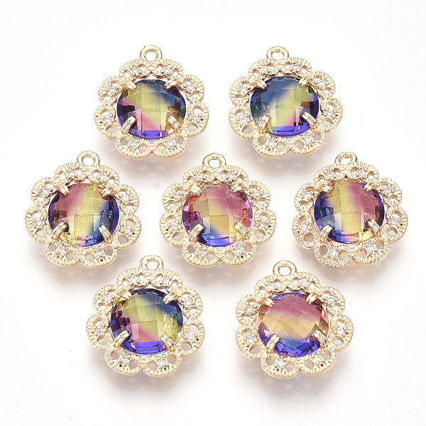 

PandaHall Brass Pendants, with Faceted Glass and Clear Rhinestone, Flower, Golden, Colorful, 18x16.5x6mm, Hole: 1.2mm Brass+Glass Flower