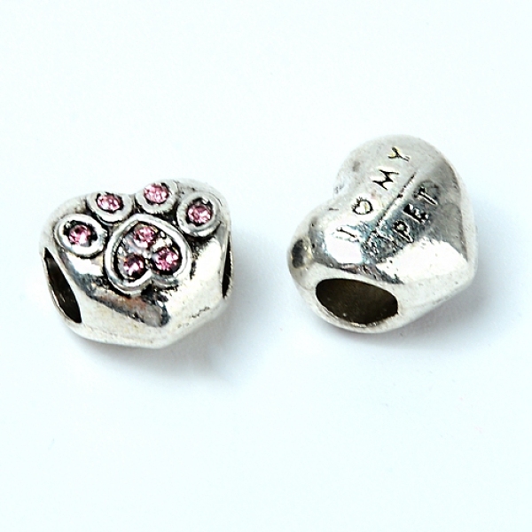 

PandaHall Zinc Alloy European Rhinestone Beads, Large Hole Beads, Heart with Paw, Antique Silver, Light Rose, 10x11x8.5mm, Hole: 4.5mm..., Pink