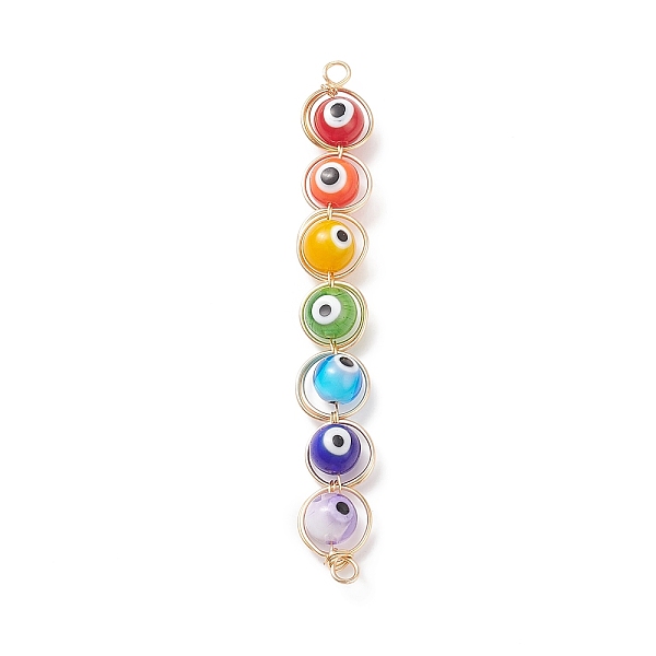 

PandaHall 7 Chakra Evil Eye Handmade Lampwork Round Bead Connector Charms, Golden Plated Copper Wire Wrapped Links, Colorful, 84x10~11x8mm...