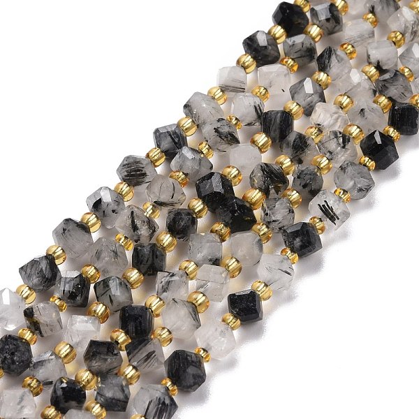 PandaHall Natural Tourmalinated Quartz Beads Strands, with Seed Beads, Faceted, Diagonal Cube Beads, 5~6x5~6x4~5mm, Hole: 1mm, about...