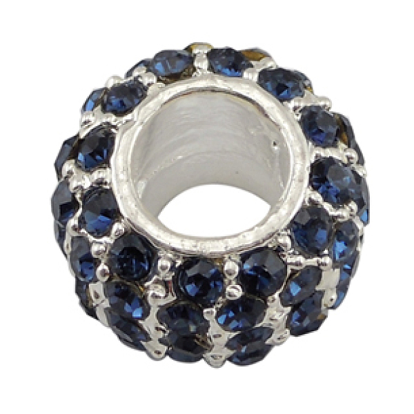 PandaHall Alloy European Beads, Large Hole Beads, with Glass Rhinestone, No Metal Core, Rondelle, Silver, MidnightBlue, about 14