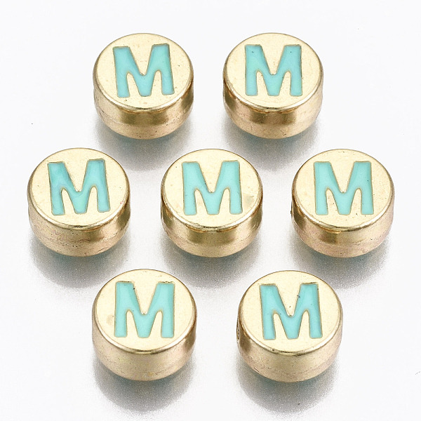 

PandaHall Alloy Enamel Beads, Cadmium Free & Lead Free, Flat Round with Initial Letters, Light Gold, Pale Turquoise, Letter.M, 8x4mm, Hole...