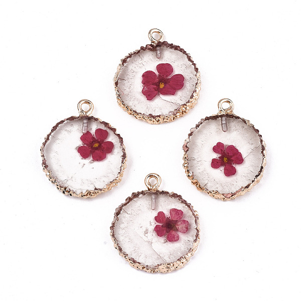 

PandaHall Transparent Clear Epoxy Resin & Dried Flower Pendants, with Edge Light Gold Plated Iron Loops, Flat Round, Cerise..., Red