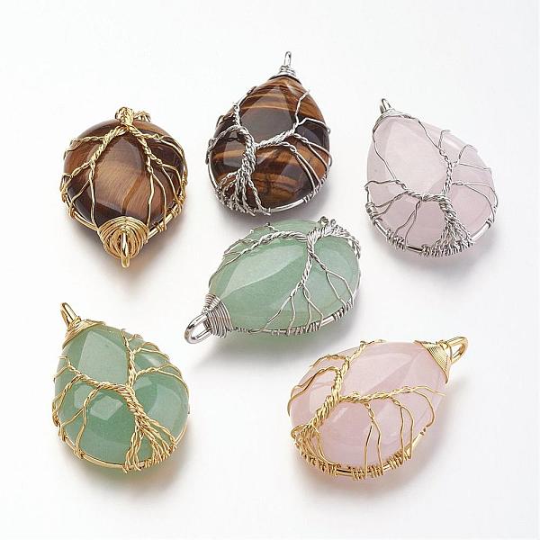 PandaHall Natural Gemstone Pendants, Brass Wire Wrapped Pendants, Teardrop, Mixed Color, 41~46x25~27x13mm, Hole: 5~9mm Mixed Stone Teardrop