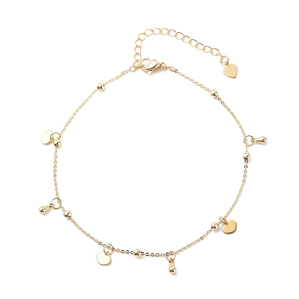 

PandaHall Brass Cable Chains Anklets, with 304 Stainless Steel Heart Charms and Brass Teardrop Pendants, Golden, 9"(23cm) Brass