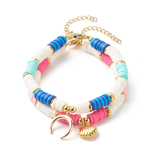 

PandaHall Double Horn/Crescent Moon & Shell Charm Bracelets Set, Handmade Polymer Clay Heishi Beads Surfering Bracelets for Women, Golden..., Multicolor