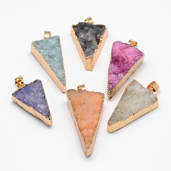 

PandaHall Dyed Natural Druzy Crystal Triangle Pendants, with Golden Tone Brass Findings, Mixed Color, 30~38x18~20x6~9mm, Hole: 6x4mm Quartz..., Multicolor
