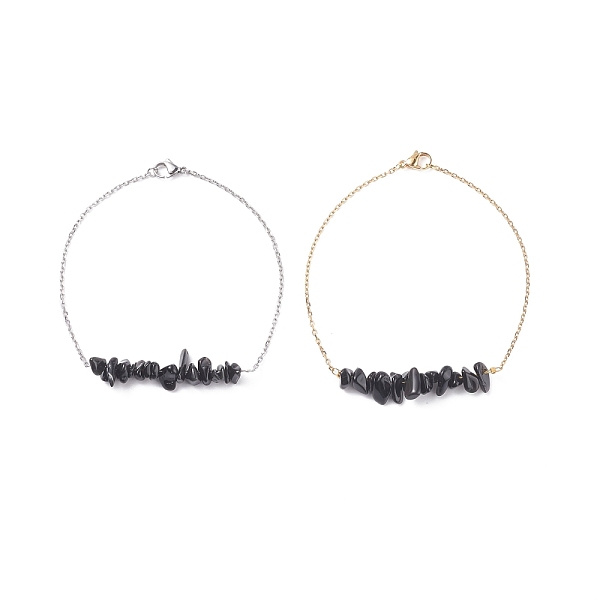 PandaHall Natural Obsidian Chips Beaded Anklets Set with 304 Stainless Steel Cable Chains, Gemstone Jewelry for Women, 9.84 inch(25cm)...