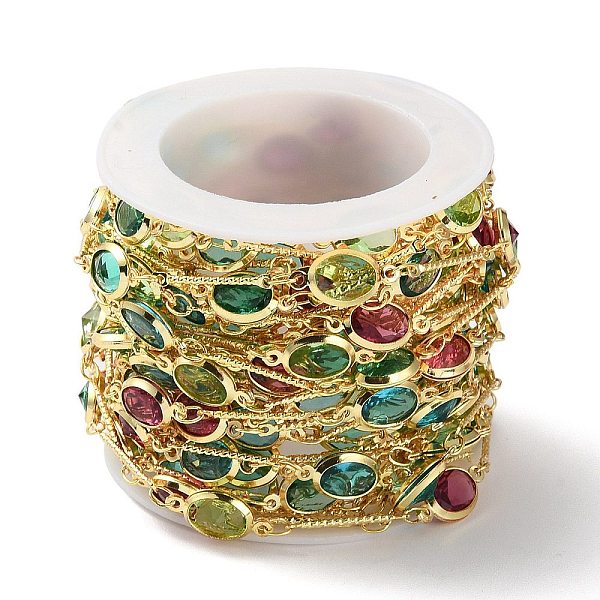 

PandaHall Colorful Glass Oval Link Chains, with Brass Bar Link Chains, Unwelded, with Spool, Real 18K Gold Plated, 15.5x1mm, 14x7x3mm, about..., Multicolor