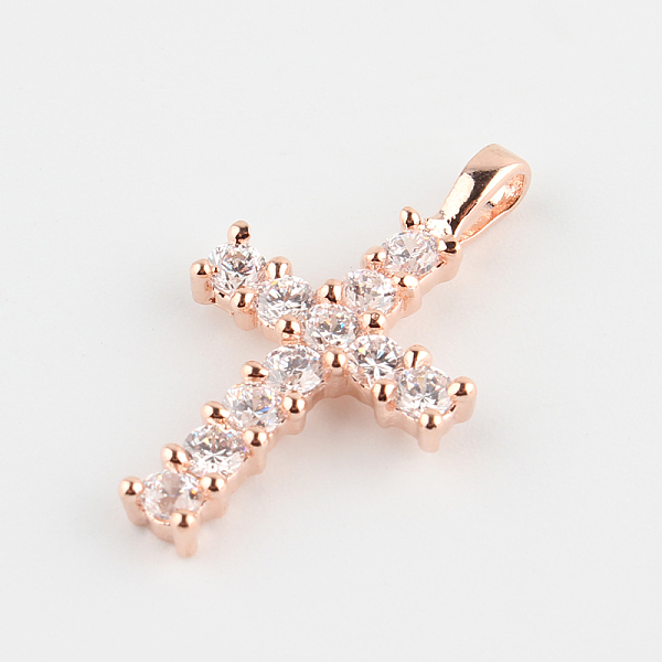 

PandaHall Cross Brass Micro Pave Cubic Zirconia Pendants, Rose Gold, 23.5x13~14x3mm, Hole: 3x2mm Brass+Cubic Zirconia Cross