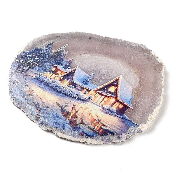 

PandaHall Printed Natural Agate Slice Stone Ornament, for Good Luck Home Office Decor, House, 115~125x110~130x7~8mm Natural Agate House