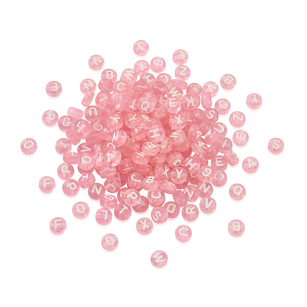 

PandaHall Transparent Acrylic Beads, Flat Round with White Letter A~Z, Pink, 7x4mm, Hole: 1.5mm, about 1000pcs/bag Acrylic Flat Round Pink
