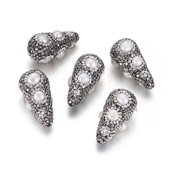 

PandaHall Polymer Clay Rhinestone Beads, with Natural Cultured Freshwater Pearl, Teardrop, Crystal & Jet, 34~35x17~18mm, Hole: 1.4mm Pearl..., Black