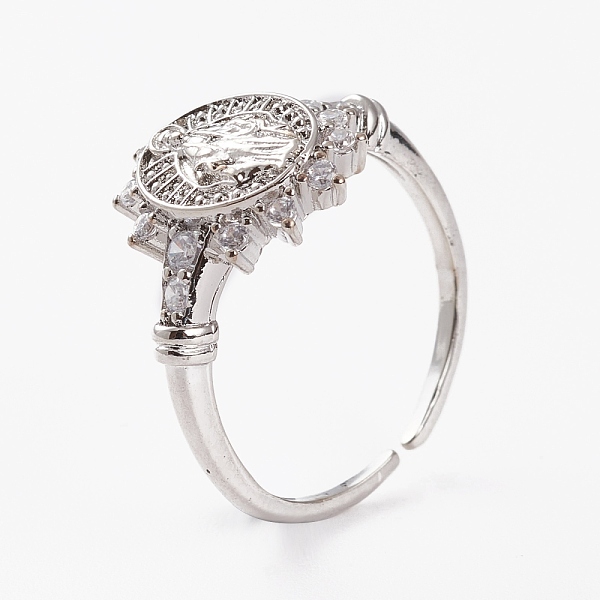 

PandaHall Brass Micro Pave Clear Cubic Zirconia Cuff Rings, Open Rings, Long-Lasting Plated, Oval with Virgin Mary, Platinum, US Size 6...