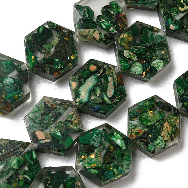 

PandaHall Dyed Natural Imperial Jasper with Resin Beads Strands, Hexagon, Dark Green, 18x16x6mm, Hole: 1.5mm, about 10pcs/strand, 6.93 inch...