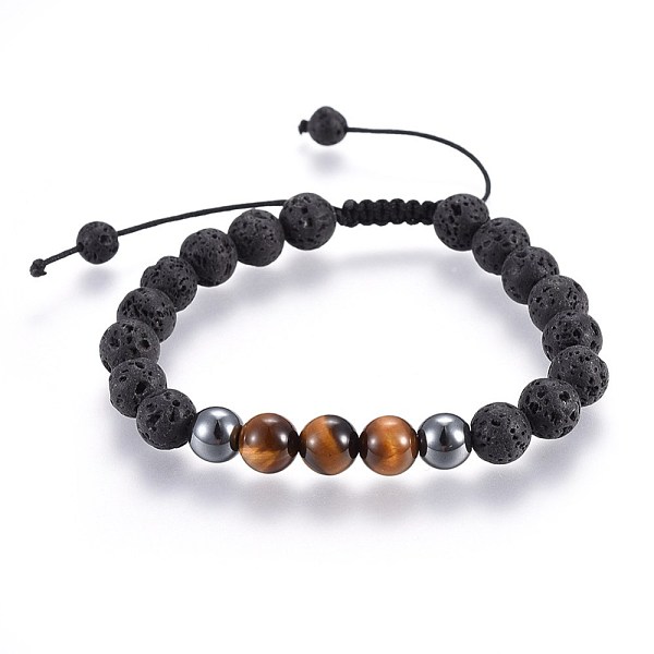 Natural Lava Rock And Non-Magnetic Synthetic Hematite Beads Braided Bead Bracelets