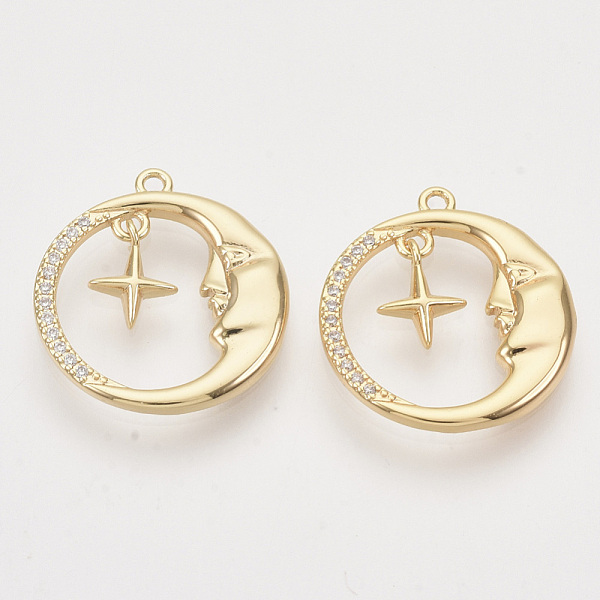 

PandaHall Brass Micro Pave Clear Cubic Zirconia Pendants, Nickel Free, Moon and Star, Real 18K Gold Plated, 18.5x17x2mm, Hole: 1.2mm, star...