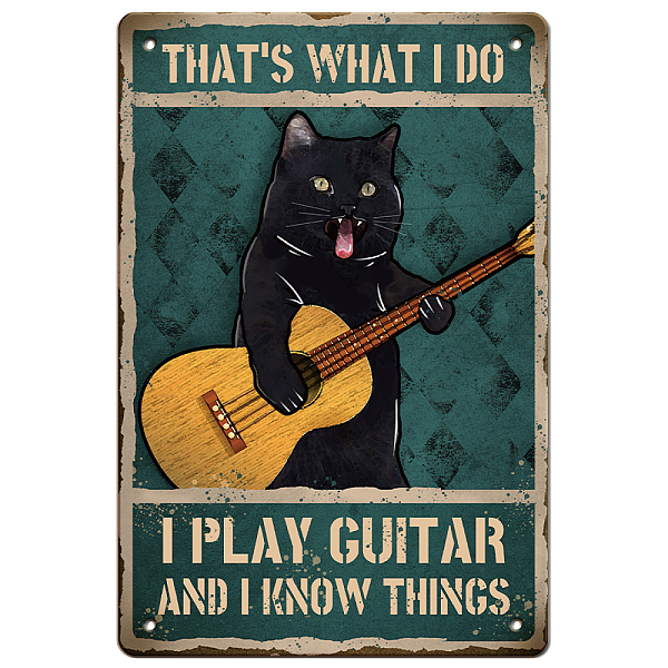 PandaHall GLOBLELAND Cat Playing Guitar Vintage Metal Tin Sign Art Plaque Poster Retro Metal Wall Decorative Tin Signs 8×12inch for Home...