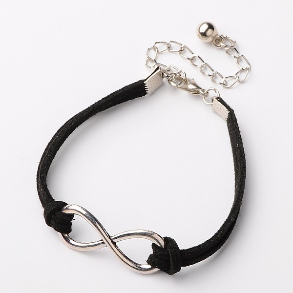 

PandaHall Faux Suede Cord Bracelets, with Tibetan Style Alloy Infinity Link, Alloy Lobster Claw Clasps and Iron Chains, Platinum and Antique..., Black