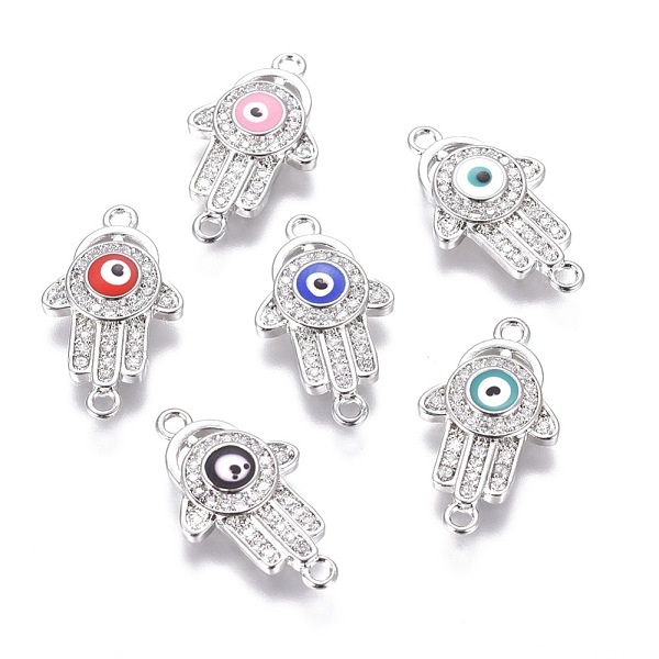 

PandaHall Brass Micro Pave Cubic Zirconia Links, with Enamel, Hamsa Hand/Hand of Fatima/Hand of Miriam, Platinum, Mixed Color, 22x12.5x3mm..., Multicolor