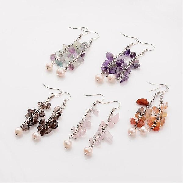 

PandaHall Natural Gemstone Beaded Dangle Cluster Earrings, with Pearl Beads and Brass Earring Hooks, 68mm, Pin: 0.7mm Mixed Stone