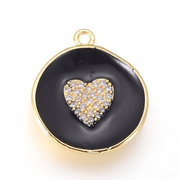 PandaHall Golden Plated Brass Micro Pave Cubic Zirconia Pendants, with Enamel, Long-Lasting Plated, Flat Round with Heart, Black, 23x20x3mm...