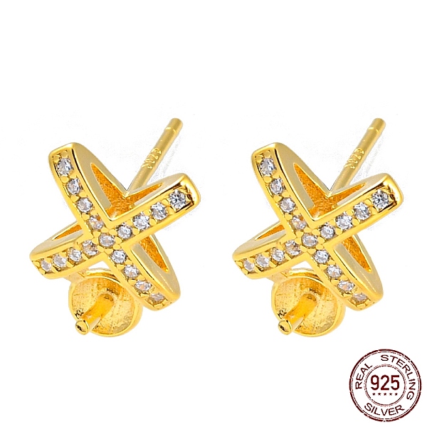 

PandaHall Cross 925 Sterling Silver Micro Pave Clear Cubic Zirconia Stud Earring Findings, Earring Settings for Half Drilled Beads, with...