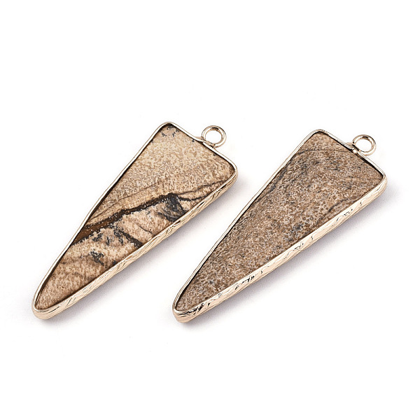 

PandaHall Natural Picture Jasper Pointed Pendants, with Light Gold Plated Brass Edge and Loop, Triangle, Faceted, 45.5x16.5x6~7mm, Hole...