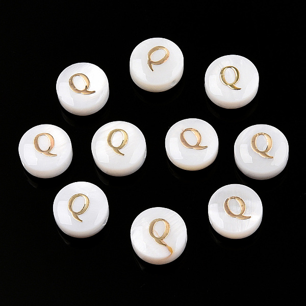 

PandaHall Natural Freshwater Shell Beads, with Golden Plated Brass Etched Metal Embellishments, Flat Round with Letter, Letter Q...