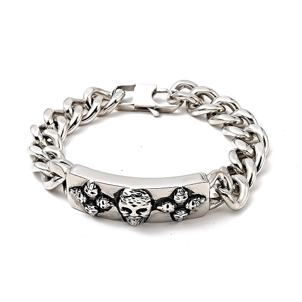 

PandaHall 304 Stainless Steel Rectangle with Skull Link Bracelet with Curb Chains for Men Women, Stainless Steel Color, 8-5/8 inch(21.9cm)...