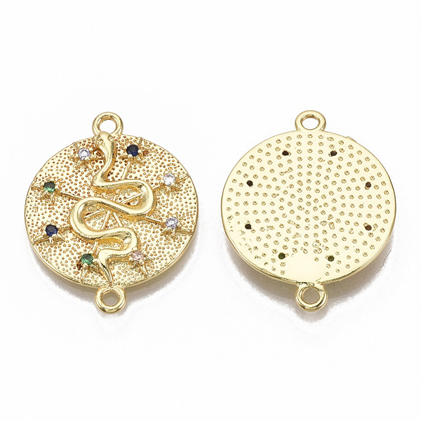 

PandaHall Brass Micro Pave Cubic Zirconia Links connectors, Nickel Free, Flat Round with Snake, Colorful, Real 16K Gold Plated...