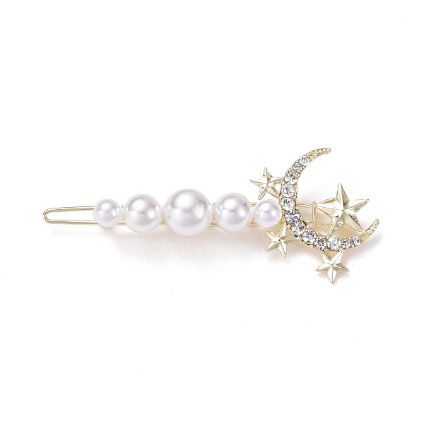 

PandaHall Alloy Crystal Rhinestone Hair Barrettes, with Plastic Beads, Moon with Star, Light Gold, 67x27x12mm Alloy