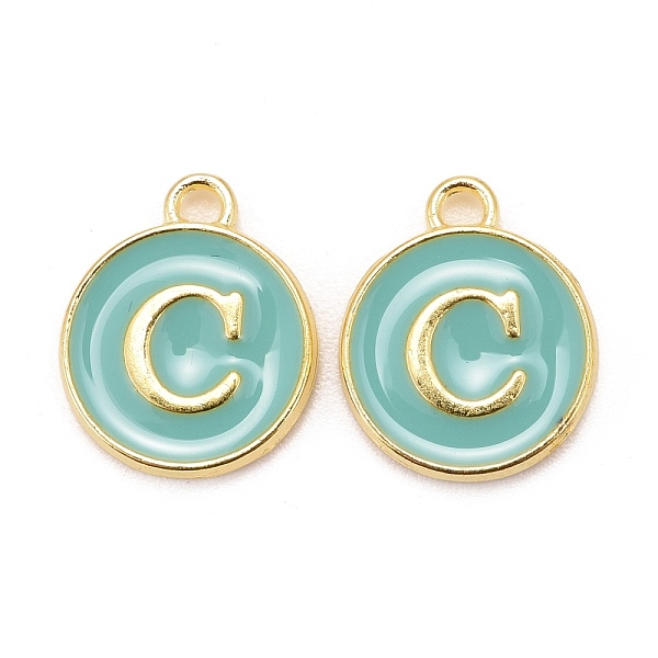 

PandaHall Golden Plated Alloy Enamel Charms, Cadmium Free & Lead Free, Enamelled Sequins, Flat Round with Letter, Turquoise, Letter.C..., Green