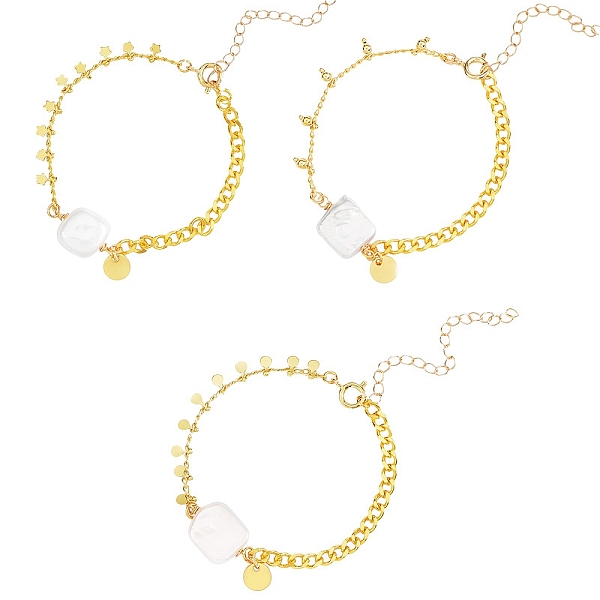 

PandaHall 3Pcs 3 Styles Flat Round 304 Stainless Steel Charm Bracelets, with Square Natural Keshi Pearl Beads, Brass Chains & Spring Ring..., White