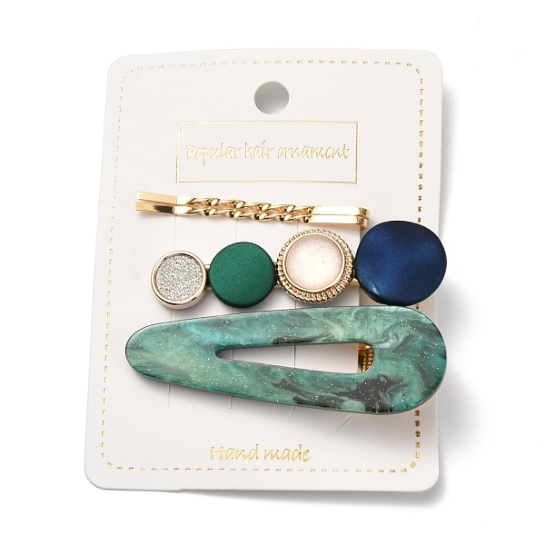 

PandaHall Iron Alligator Hair Clips Sets, with Cellulose Acetate(Resin), Teardrop & Flat Round, Golden, 55~69x5~23.5x2~15mm, 4pcs/set Iron