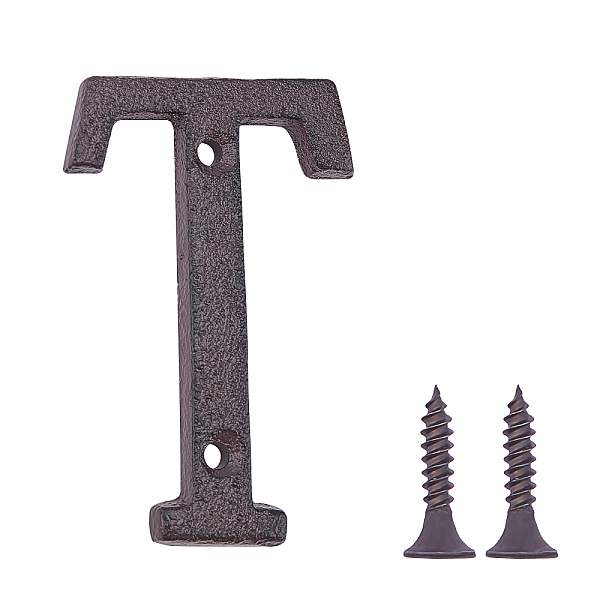 PandaHall Iron Home Address Number, with 2pcs Screw, Letter. T, 76x47x5mm, Hole: 4.6mm Iron Letter T